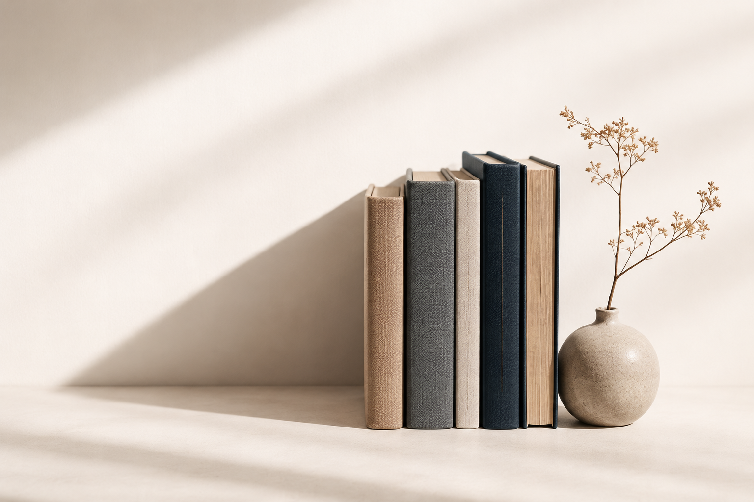 Libros junto a un florero de cerámica con una rama seca, iluminados por una luz suave lateral.